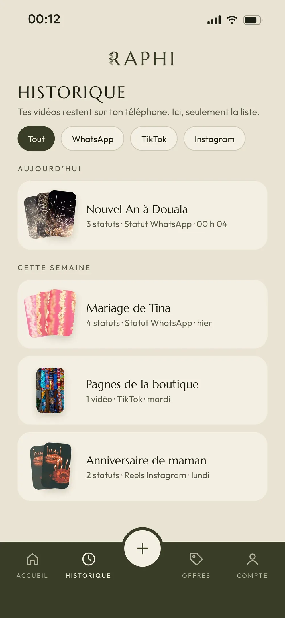 Raphi, Historique sur téléphone (données de démo)